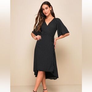 Lulu's Black Ribbed Wrap Dress with Flutter Sleeves